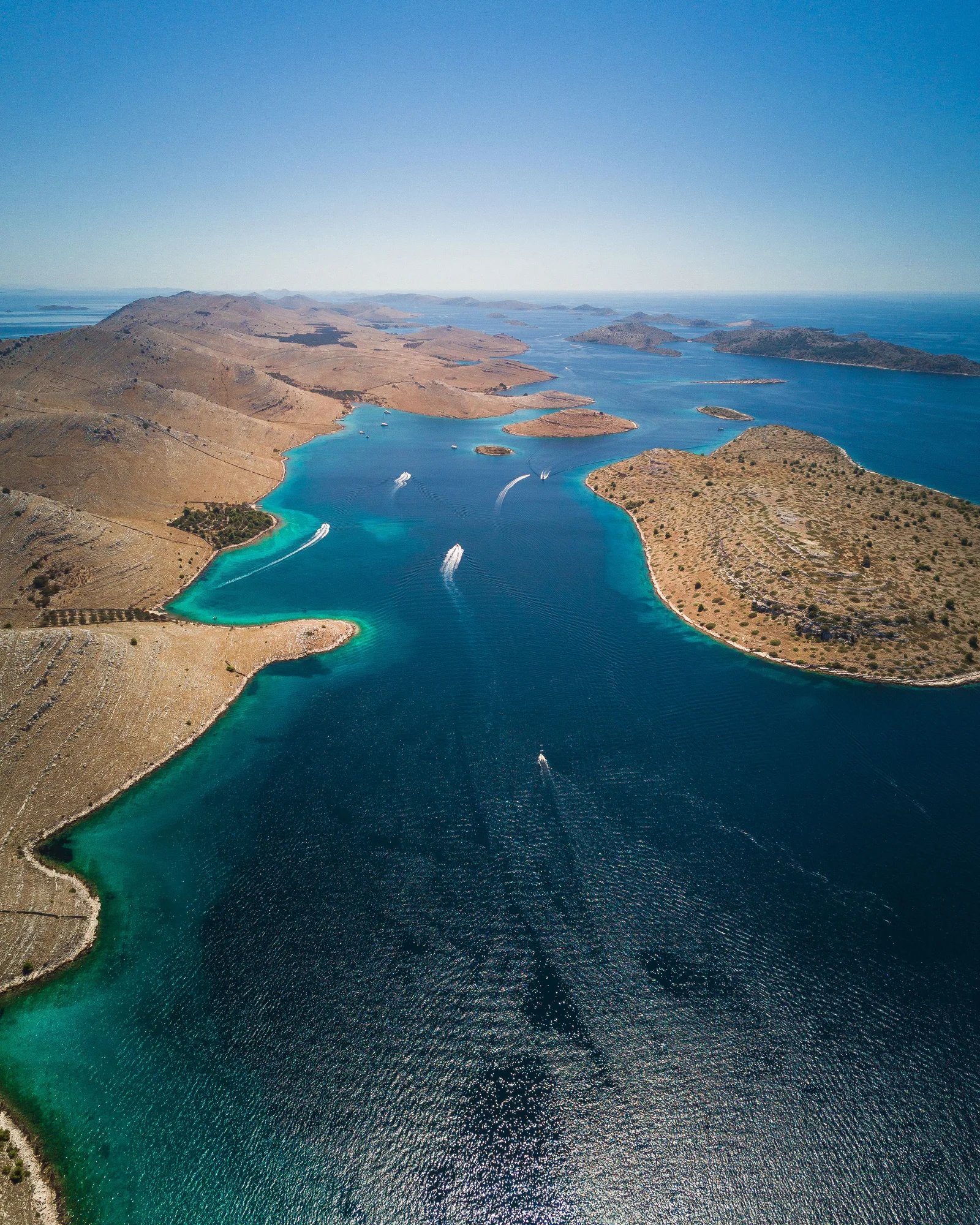 Aerial view of the Kornati Islands and turquoise sea in Šibenik-Knin County, Croatia.