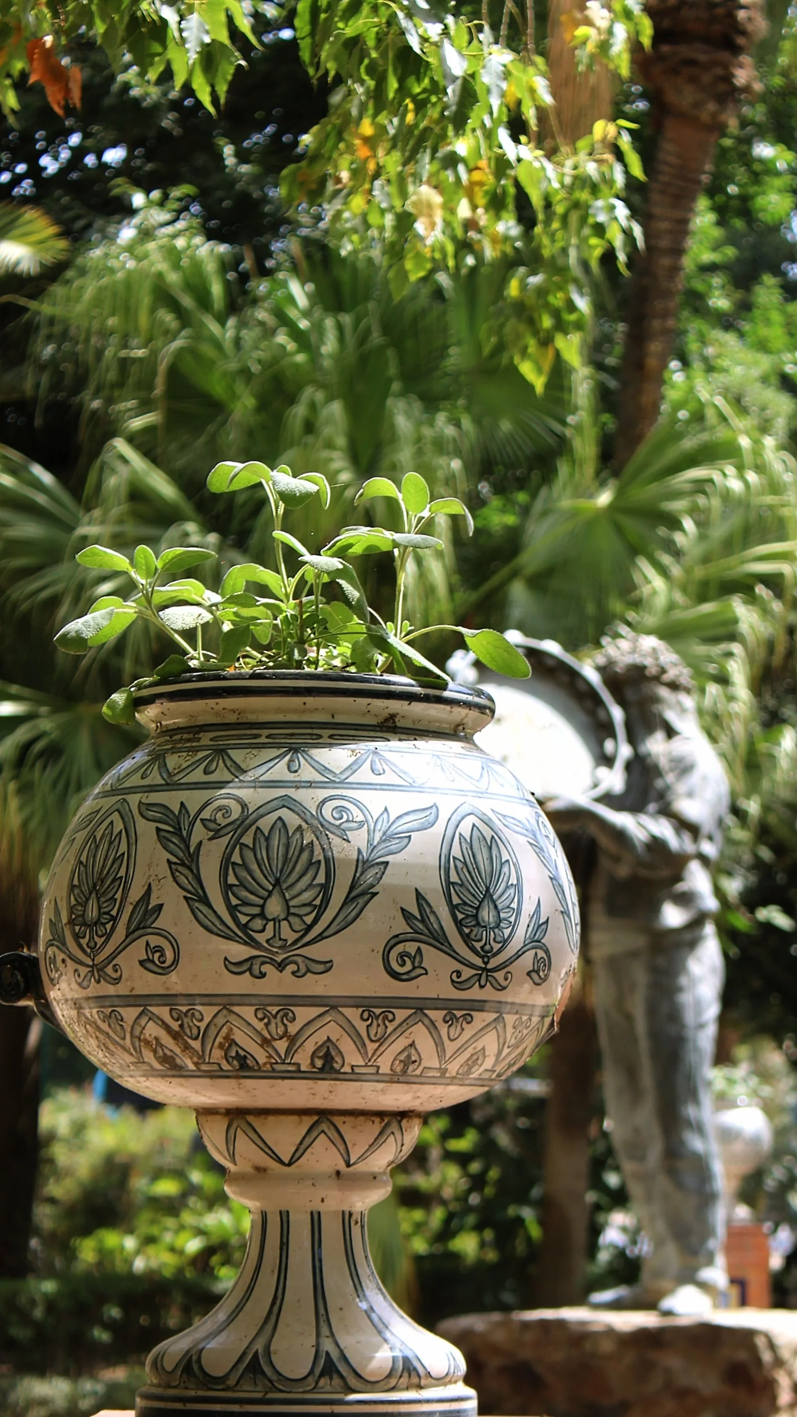 Elegant ceramic planter with greenery in a sunlit Málaga park, Spain.