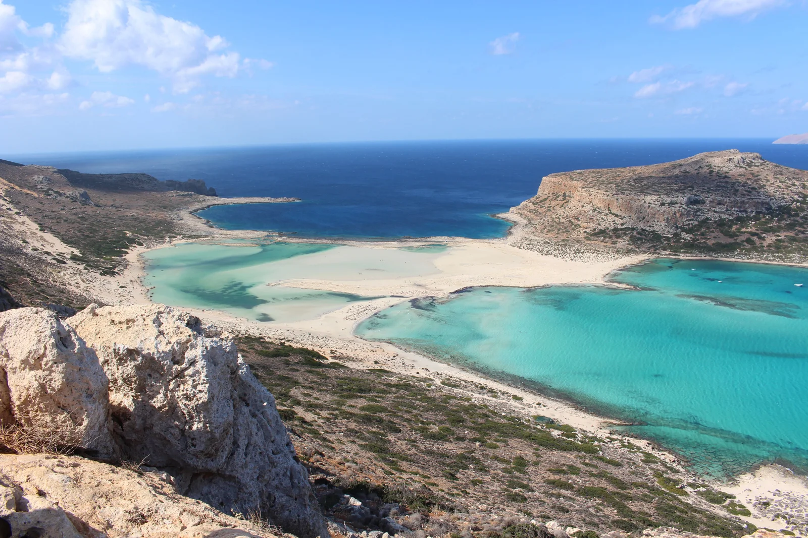 A breathtaking aerial shot of Balos Lagoon, showcasing turquoise waters and sandy shores in Crete, Greece.