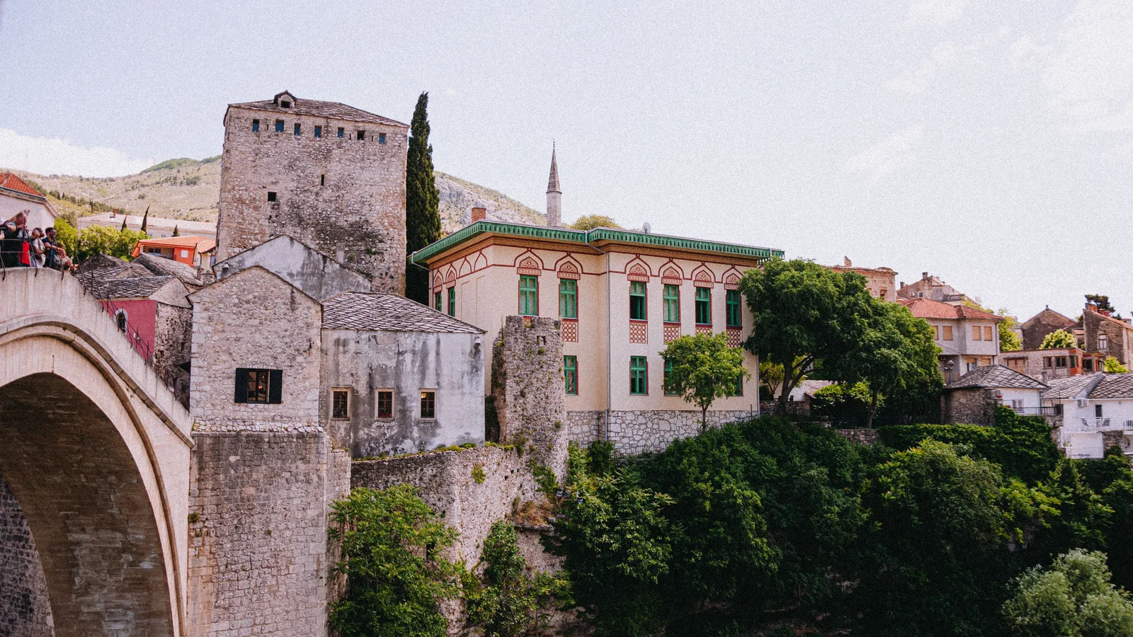 Charming view of historic stone buildings in Mostar, Bosnia and Herzegovina.