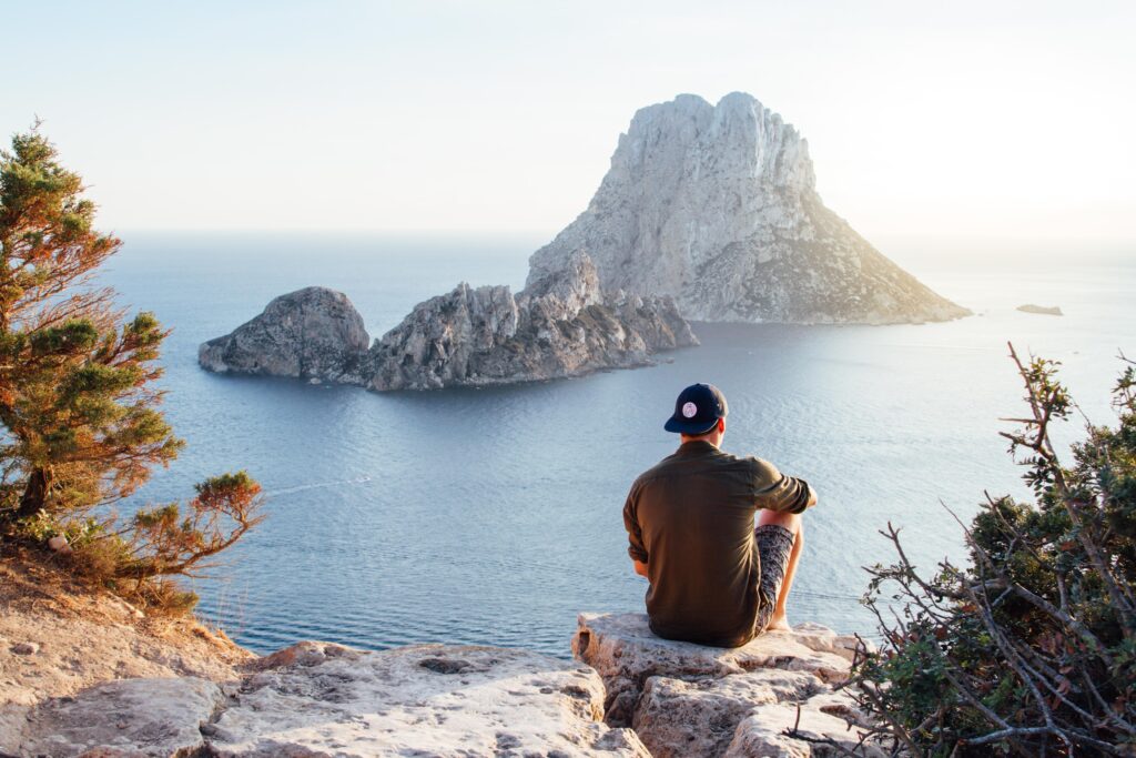 Rear view of man sitting on rock by sea